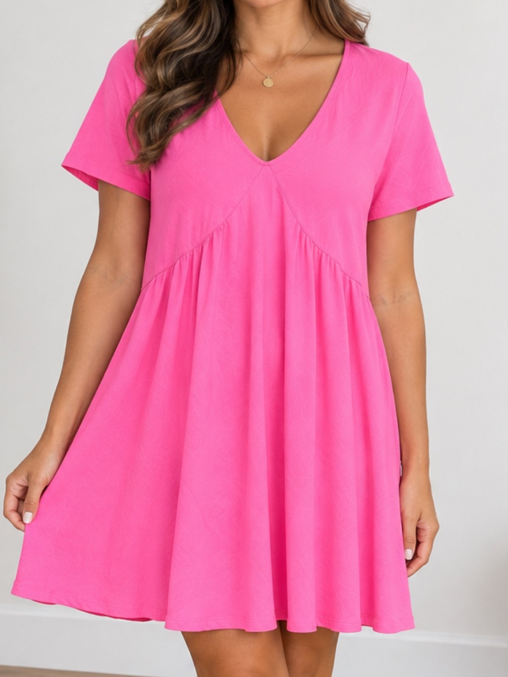 V-Neck Short Sleeve A-Line Dress in Hot Pink- NWT - Size L